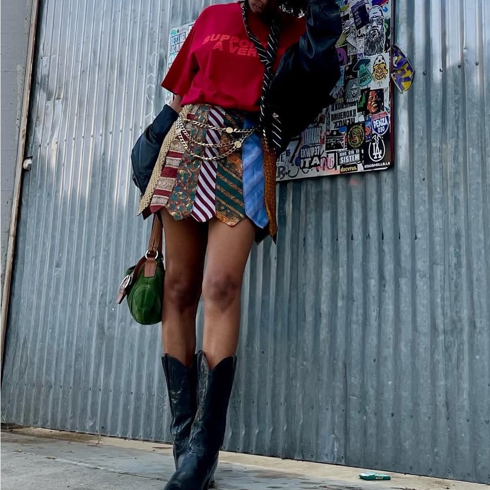 Tie Patchwork Mini Skirt